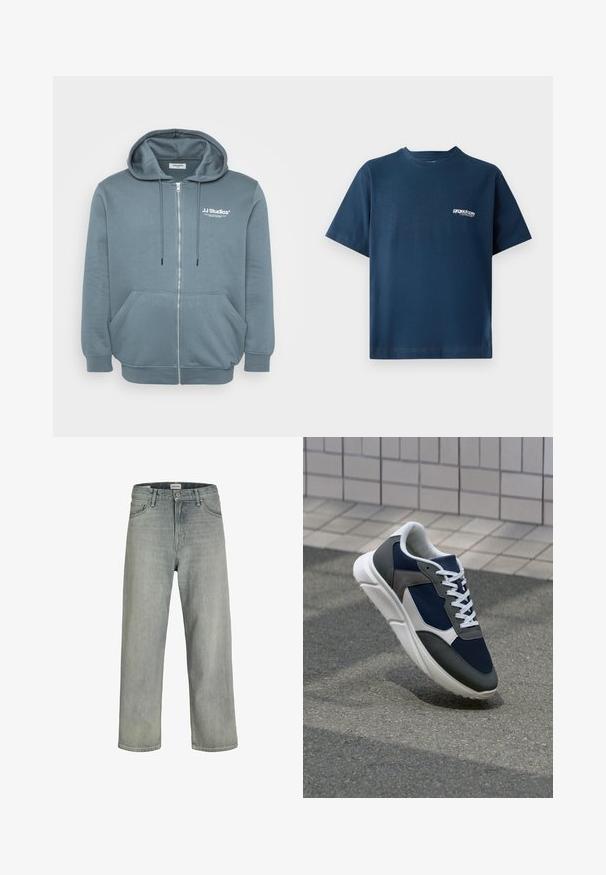 Hanorac cu fermoar dintr-un material moale, de culoare gri-albastru, cu glugă cu șnur, buzunare tip kangaroo, manșete ribbate și un logo mic pe piept.; Tricou din bumbac de culoare albastru marin, cu mâneci scurte și decolteu rotund. Prezentând un mic logo alb în zona stângă a pieptului. Textură moale.; Jeans decolorate, cu croială confortabilă, realizate din denim. Prezentă un design clasic cu cinci buzunare, bucle pentru curea și o siluetă dreaptă.; Adidași cu un uppers din plasă albastră închisă, accente din suede gri, talpă din cauciuc alb și șireturi plate albe, concepuți pentru confort și respirabilitate.