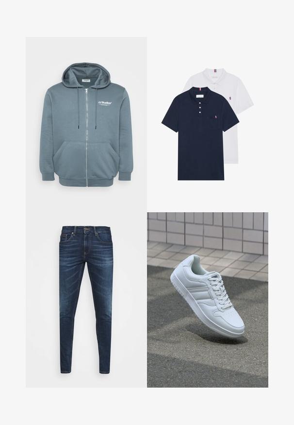 Zip-up dukserica od mekog plavocrvenog materijala s kapuljačom na vezanje, kengur džepovima, rebrastim rukavima i malim logom na prsima.; Dva polo majice: jedna tamnoplava i jedna bijela, obje s malim crveno-bijelim-plavim naglaskom na džepu i ovratniku.; Tamno plave traperice uskog kroja, s blagim izbljeđivanjem, pet džepova i metalnim zatvaranjem na dugme. Šivani detalji u kontrastnoj boji.; Bijela atletska tenisica s glatkim kožnim gornjim dijelom, vezanjem sprijeda, perforiranim vrhom i uzorkovanim đonom. Minimalistički dizajn s tri bočne pruge.