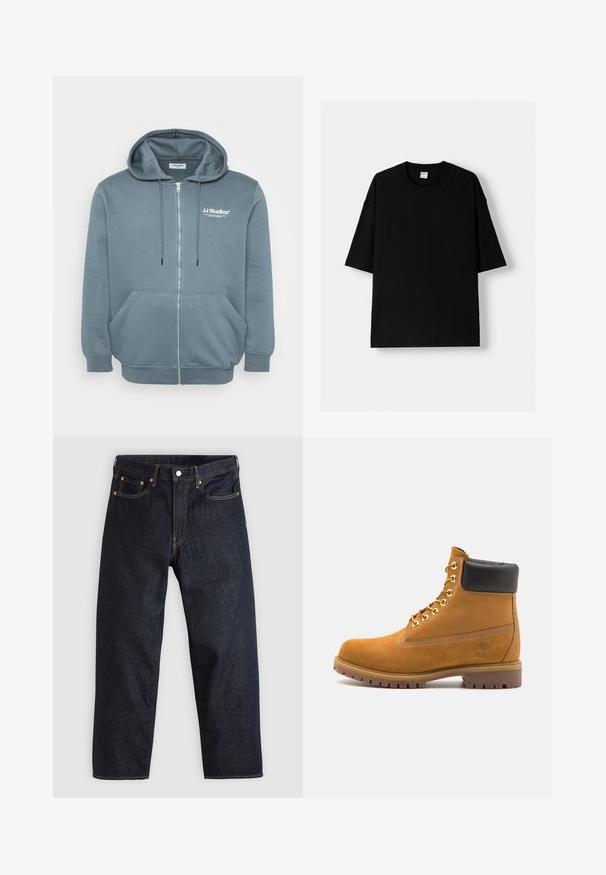 Zipper hoodie van zachte, blauw-grijze stof met een trekkoordcapuchon, buidelzakken, geribbelde manchetten en een klein logo op de borst.; Zwarte katoen t-shirt met korte mouwen, ronde hals en een relaxte fit. Soepele textuur en minimalistisch ontwerp, geen patronen of accenten.; Donkerblauwe denim jeans met een rechte snit, vijf zakken, contrasterende oranje stiksels en een knoopsluiting. Geen zichtbare patronen of versieringen.; Tan suède enkelboot met zwart gevoerd kraagje, gouden metalen oogjes, witte stikdetails en een robuuste rubberen zool met uitgesproken profiel.