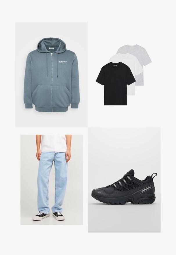 Lynlås hoodie i blødt, blågråt stof med hætte med snøre, kengurutaske, ribbede manchetter og lille logo på brystet.; Sæt af tre basis t-shirts i sort, hvid og lys grå. Korte ærmer, rund hals, fremstillet af blød bomuldsstof. Brandlogo synligt.; Lyseblå denimjeans med en afslappet pasform, der har et lige ben-design og standard syning, kombineret med sorte sneakers.; Sorte sportsko med en mesh-overdel, gummisål og reflekterende detaljer. Har en polstret sål og snørebåndslukning.