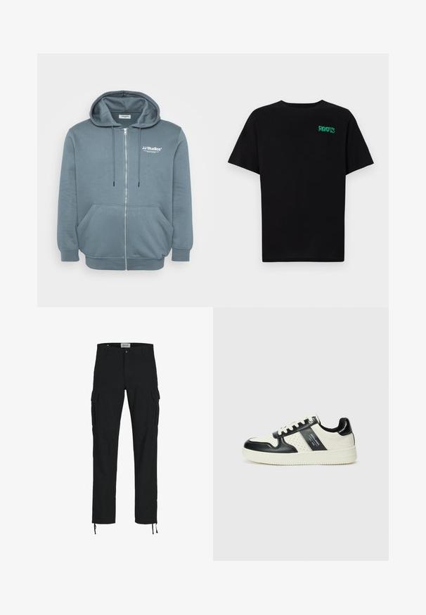 Felpa con zip in morbido tessuto grigio-blu, dotata di cappuccio con lacci, tasche a marsupio, polsini a costine e piccolo logo sul petto.; T-shirt nera in cotone con maniche corte. Presenta un logo verde "ROOTS" sulla parte frontale, colletto rotondo e vestibilità standard.; Pantaloni cargo neri con taglio dritto, dotati di tasche laterali, chiusura con bottone e coulisse elastiche alle caviglie. Realizzati in tessuto resistente.; Sneakers in pelle con una combinazione di colori nero e crema, dotati di dettagli perforati, collare imbottito e suola testurizzata.