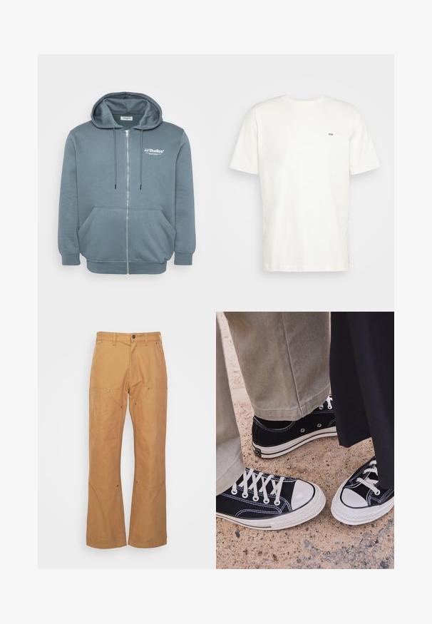 Sisetõmbega kapuutsiga pehme sinihall riie, kus on kattega taskud, soonikkoes varrukad ning väike logo rinnal.; Valge puuvillane T-särk ümmarguse kaelusega, lühikeste varrukatega ja väikese musta "W.W." logoga vasakul rinnal. Sile tekstuur, regulaarne lõige.; Küpsised tan värvi cargo püksid, mis on valmistatud vastupidavast kangast. Neil on küljetaskud, metallist detailid, sirge lõige ja tavaline vöökoht.; Mustad musta kanvaasi sneakers, valgete kummist varbakatete ja paeltega. Kontrastne tikand ja metallist silmad lisavad detaile. Kantakse beežide pükstega ja musta kangaga.