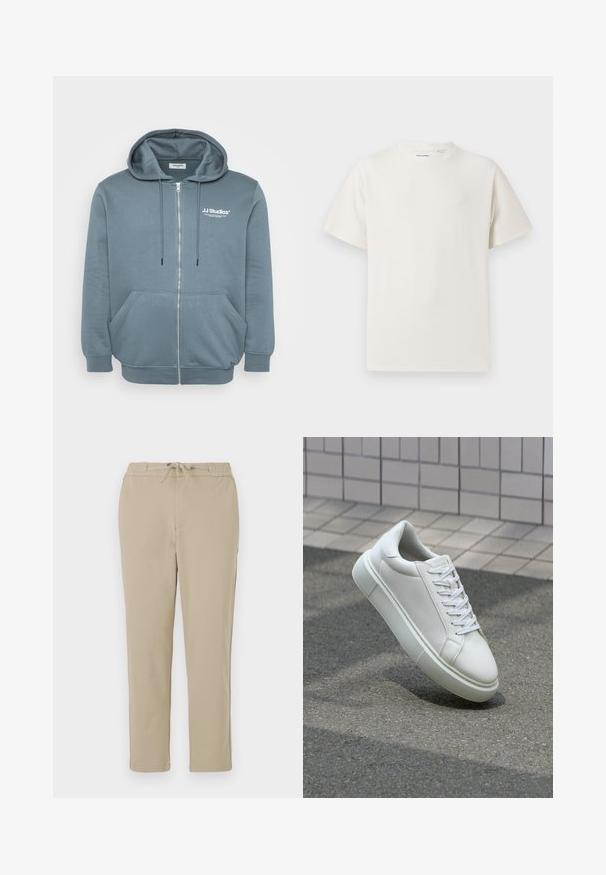 Reißverschluss-Hoodie aus weichem, blau-grauem Stoff mit einer Kapuze mit Kordelzug, Kängurutaschen, gerippten Bündchen und kleinem Logo auf der Brust.; Weißes T-Shirt mit kurzen Ärmeln in gerippter Textur. Runder Ausschnitt, lockere Passform, keine sichtbaren Muster oder Akzente. Einfaches und vielseitiges Design.; Beige Lounge-Hosen mit elastischem Bund und Kordelzug, im schlichten Design mit geradem Bein und weichem, glattem Material.; Weiße Leder-Sneaker mit glatter Oberfläche, runder Zehenpartie und flachen weißen Schnürsenkeln. Verfügt über eine strukturierte Gummisohle und minimalistische Designelemente.