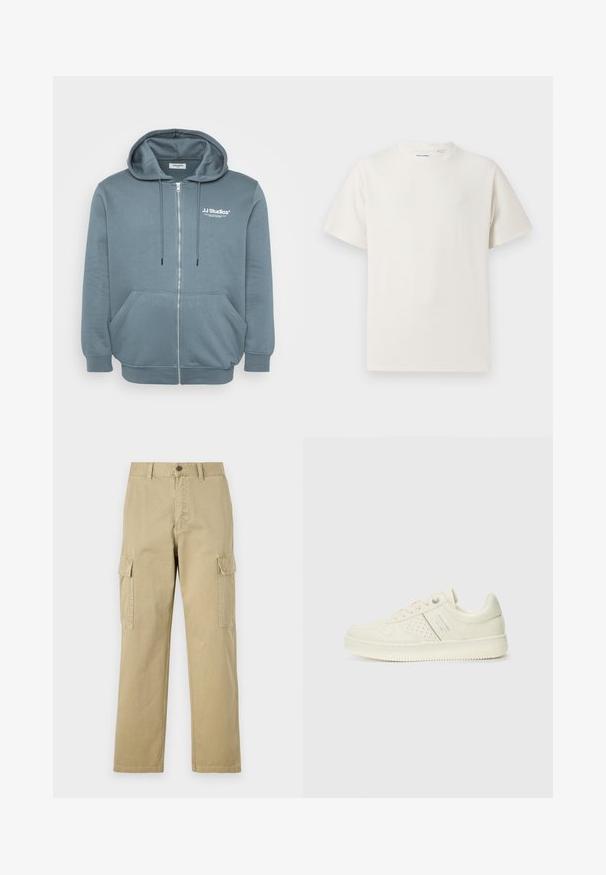 Lynlås hoodie i blødt, blågråt stof med hætte med snøre, kengurutaske, ribbede manchetter og lille logo på brystet.; Hvid kortærmet T-shirt i ribbet tekstur. Rund halsudskæring, løs pasform, ingen synlige mønstre eller accenter. Enkel og alsidig design.; Beige cargo bukser lavet af bomuld, med to sidelommer, knaplukning og lige ben i et let tekstureret stof.; Cremefarvet sneaker med perforeret detaljering, snørebånd og logo på siden, præsenteret mod en simpel hvid baggrund.