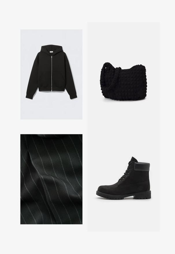 Juodas užtrauktukas hoodis, pagamintas iš minkštos medžiagos. Turi gobtuvą, priekinės kišenes ir guminį rankogalių bei apačios apvadą. Lygus paviršius be raštų.; Penki juodi apvalaus kaklo marškiniai. Trumpomis rankovėmis, pagaminti iš medvilnės, standartinio kirpimo. Lygus paviršius be matomų raštų ar puošmenų.; Juodas audinys su žvynelių raštu ir plonomis baltomis juostelėmis. Tekstūra atrodo lygi, su subtiliu gylio efektu iš audimo.; Juodi aulinukai su raišteliais, su paminkštintu apvadu ir tvirtu padu, rodomi profiliu prieš baltą foną.; Juodas audinio maišelis su tekstūruota, siuvinėta raštu. Apvalios formos, trumpi, stori rankenėlės ir minkšta, lanksti struktūra.