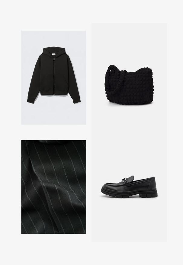 Felpa nera con zip realizzata in morbido tessuto. Presenta un cappuccio, tasche frontali e polsini e orlo a coste. Tessuto liscio senza motivi.; Confezione di cinque t-shirts nere a girocollo. Maniche corte, materiale in cotone, vestibilità standard. Texture liscia senza motivi o abbellimenti visibili.; Tessuto nero con un motivo a spina di pesce e sottili righe bianche. La trama sembra liscia con una leggera profondità data dalla tessitura.; Mocassino in pelle nera con punta arrotondata, una fascia decorativa e accessori in metallo, e una suola spessa e testurizzata. Finitura liscia con dettagli sottili.; Borsa in tessuto nero con un motivo trapuntato e texture. Forma arrotondata, manici corti e spessi, e una struttura morbida e flessibile.