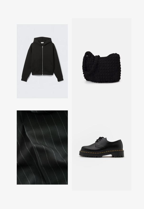Sudadera con cremallera negra hecha de tejido suave. Presenta una capucha, bolsillos frontales y puños y dobladillo acanalados. Textura lisa sin patrones.; Paquete de cinco camisetas de cuello redondo negras. Mangas cortas, material de algodón, ajuste estándar. Textura suave sin patrones ni adornos visibles.; Tela negra con un patrón de espiga y delgadas rayas blancas. La textura parece suave con una sutil profundidad gracias al tejido.; Zapato negro de cuero con cordones, punta redondeada, suela de goma texturizada y costuras amarillas alrededor de la base. Diseño plano y acabado suave.; Bolsa de tela negra con un patrón texturizado y acolchado. Forma redondeada, asas cortas y gruesas, y una estructura blanda y flexible.