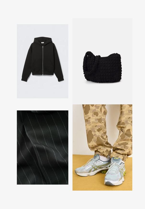 Schwarze Zip-Hemdjacke aus weichem Stoff. Verfügt über eine Kapuze, Fronttaschen und gerippte Bündchen und Saum. Glatte Textur ohne Muster.; Pack von fünf schwarzen Rundhals-T-Shirts. Kurze Ärmel, Baumwollmaterial, normale Passform. Glatte Textur ohne sichtbare Muster oder Verzierungen.; Schwarzer Stoff mit einem Fischgrätmuster und feinen weißen Streifen. Die Textur wirkt glatt mit subtiler Tiefe durch die Webart.; Helle graue Sportschuhe mit silbernen Akzenten, grünen Dämpfungshighlights und einem strukturierten Mesh-Obermaterial, kombiniert mit beigen Hosen im Tarnmuster.; Schwarze Stofftasche mit einer strukturierten, gesteppten Oberfläche. Abgerundete Form, kurze, dicke Griffe und eine weiche, flexible Struktur.