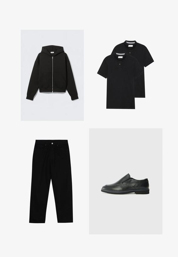 Schwarze Zip-Hemdjacke aus weichem Stoff. Verfügt über eine Kapuze, Fronttaschen und gerippte Bündchen und Saum. Glatte Textur ohne Muster.; Zwei schwarze Polohemden, kurzärmlig, aus Baumwolle, mit einem klassischen Kragen, zwei Knöpfen und weißen Streifenakzenten im Inneren des Kragens.; Schwarze Jeans mit geradem Schnitt, Fünf-Taschen-Design und einem vorderen Knopfverschluss. Glatte Textur mit minimalen Nähten.; Schwarze Leder-Slipper mit glattem Obermaterial, gesteppten Akzenten, runder Zehenpartie und niedrigem Gummiabsatz. Die Sohle hat ein minimales Profil.