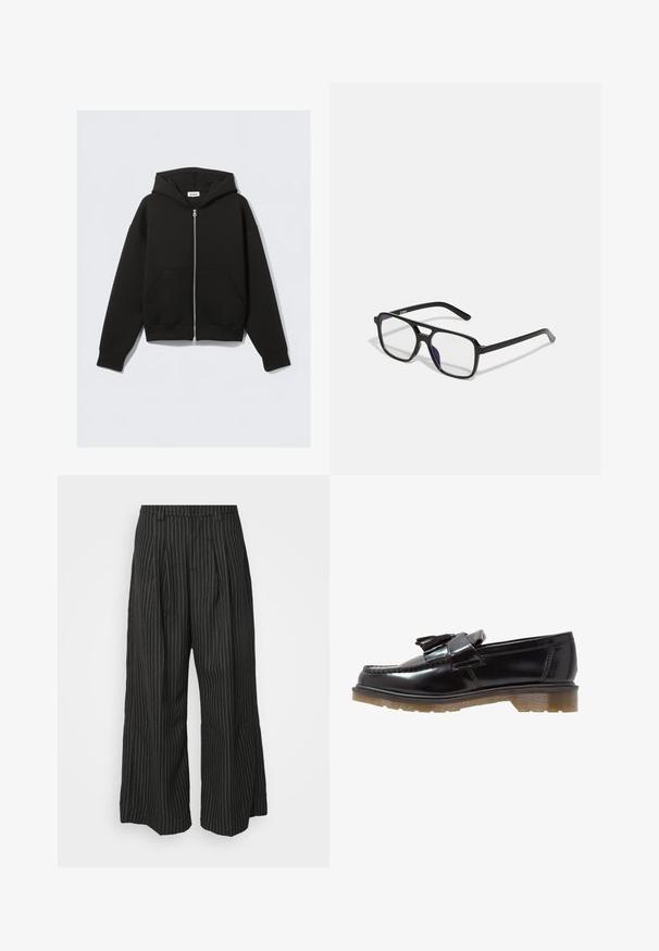 Haut de hoodie zippé noir en tissu doux. Comprend une capuche, des poches avant et des poignets et un ourlet côtelés. Texture lisse sans motifs.; T-shirt henley noir à manches longues en tissu doux, avec une patte de boutonnage, un col rond et des manches ajustées.; Pantalons larges noir à rayures avec plis, présentant un design ajusté et une texture douce. Pas de matériel ou d'accents visibles.; Loafers en cuir verni noir avec un design tressé, une touche de pampilles et une semelle en caoutchouc texturée et épaisse. La vue de côté met en avant une silhouette élégante.; Lunettes rectangulaires noires avec des verres transparents et une subtile teinte violette, dotées de branches élégantes et d'un design minimaliste.; Cravate en soie noire, pochette en soie noire et boutons de manchette dorés avec des accents noirs circulaires, disposés sur un fond blanc.