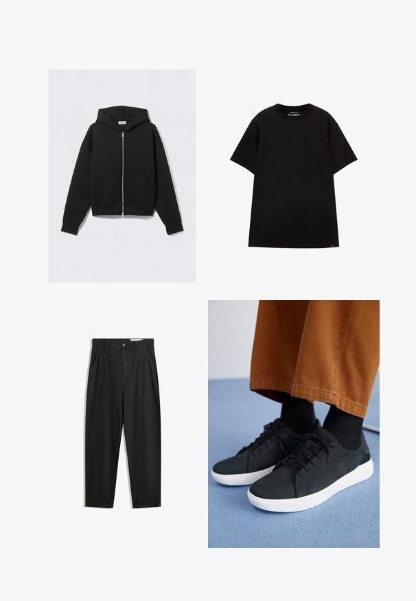 Hanorac negru cu fermoar, dintr-un material moale. Include o glugă, buzunare frontale și tivuri ribotate la manșete și la baza hanoracului. Textură uniformă, fără modele.; PULL&BEAR JOIN LIFE - Tricou basic - black; Pantaloni negri din bumbac cu croială lejeră, având un brâu clasic, plii frontale și buzunare laterale. Textură netedă fără modele.; Adidași negri din suede cu talpă din cauciuc albă, cu un design cu șireturi, accente texturate și branding subtil, asortați cu pantaloni maro.