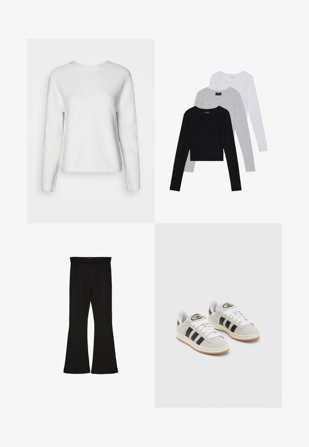 Bela pletena svetilka z okroglim ovratnikom, dolgimi rokavi, teksturiranim rebrastim vzorcem in sproščenim krojem.; Tri dolga rokava zložena: črna, siva in bela. Vsaka ima okroglo izreznico in skrajšan dizajn z gladkim, lahkotnim materialom.; Črne flare leggings iz raztegljive tkanine. Imajo širok pas in gladko teksturo, s prilegajočo silhueto, ki se na robu razširi.; Sive športne čevlje iz semiša z belimi vezalkami, črnimi črtami in belim gumijastim podplatom. Imajo okroglo oznako na ježku in podplat iz gume.