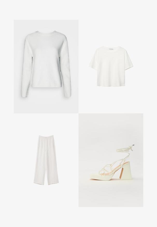Biały sweter robiony na drutach z okrągłym dekoltem, długimi rękawami, teksturowanym wzorem ściągacza oraz luźnym krojem.; Biała koszulka z krótkim rękawem, wykonana z bawełny. Posiada okrągły dekolt i luźny krój. Gładka faktura bez widocznych wzorów czy akcentów.; Białe spodnie o szerokich nogawkach wykonane z lekkiego materiału. Posiadają elastyczny pas z sznurkiem i boczne kieszenie. Gładka tekstura.; Biała sandał na wysokim obcasie z masywnym słupkiem, z paskowym wzorem i wiązaniem przy kostce. Gładka faktura z platformą z przodu dla dodatkowej wysokości.