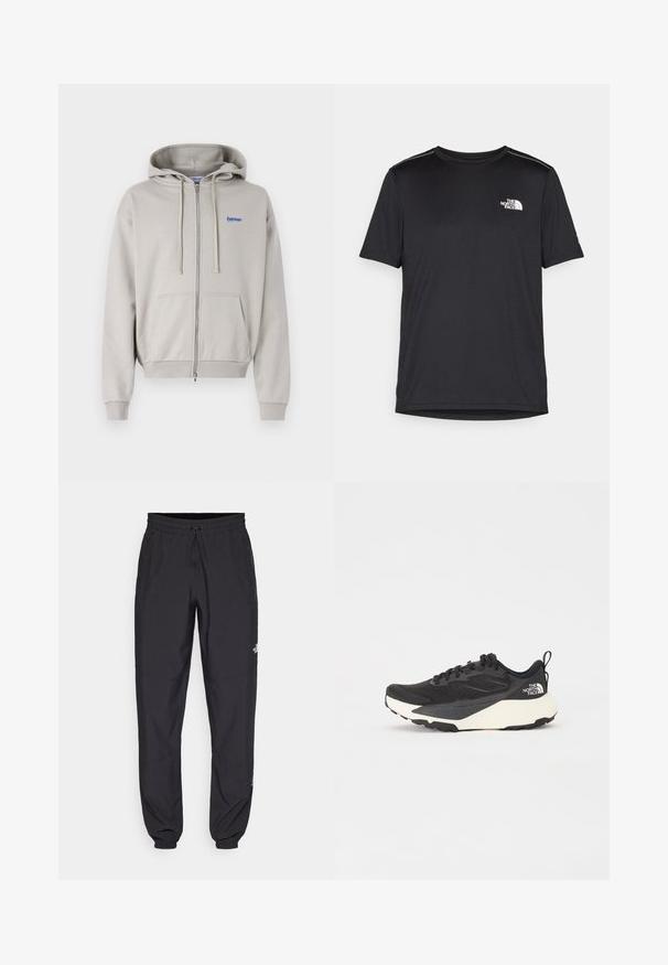 Haut de zip gris clair en tissu doux, doté d'une poche kangourou, d'une capuche avec cordon de serrage et d'un logo brodé bleu sur la poitrine.; T-shirt noir à manches courtes en tissu léger. Présente un petit logo blanc sur la poitrine gauche et des accents subtils aux épaules.; Pantalon de sport noir en tissu léger, avec une taille à cordon, des poches latérales et des chevilles resserrées.; Chaussure de sport noire avec une tige en mesh texturé, accents noirs solides et semelle extérieure légère blanche. Dispose d'un système de laçage et d'une tirette.