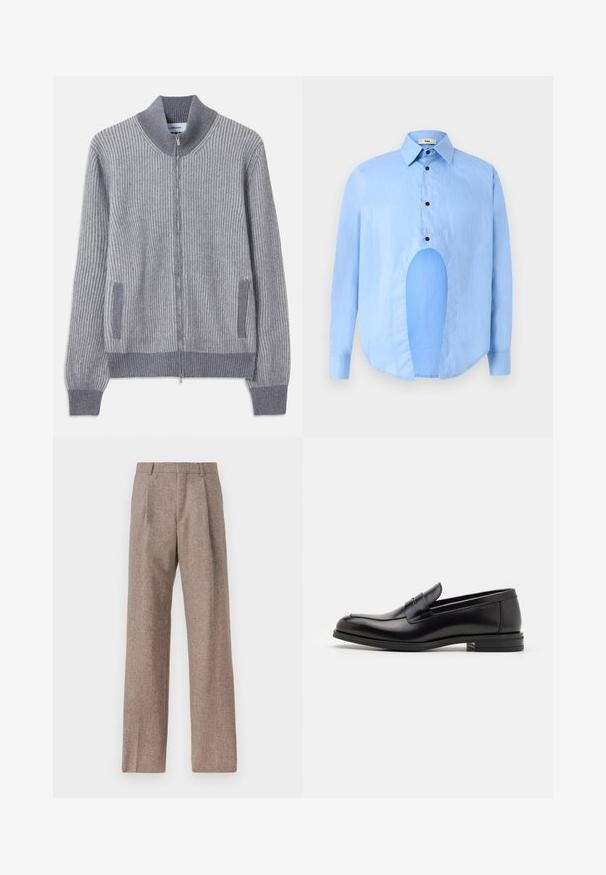 Szary, prążkowany kardigan z stójką, z zamkiem błyskawicznym i bocznymi kieszeniami; wyróżnia się kontrastową fakturą przy mankietach i wykończeniach kieszeni.; Jasnoniebieska koszula z długim rękawem, z wyostrzonym kołnierzykiem, czarnymi guzikami i unikalnym wycięciem z przodu dla wyróżniającego się designu.; Brązowe, wysokiej talii spodnie wykonane z teksturowanej tkaniny. Posiadają szerokie nogawki i dwa przednie zakładki dla lepszej struktury. Starannie wykończone, bez widocznych elementów metalowych.; Czarne skórzane mokasyny o gładkiej fakturze, zaokrąglonym nosku i dekoracyjnym pasku na przodzie. Niski, warstwowy obcas, minimalistyczny design.