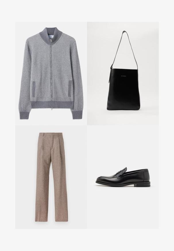 Γκρι ριγωτό πλεκτό cardigan με ψηλό γιακά, φερμουάρ και πλαϊνές τσέπες; διαθέτει αντίθεση υφής στις μανσέτες και την περιφέρεια των τσεπών.; Λευκό πουκάμισο με μακρύ μανίκι, φτιαγμένο από βαμβάκι, με τσέπη στο στήθος με τονικό κέντημα, γιακά και κουμπιά στους μανικέτες.; Καφέ παντελόνι με ψηλή μέση από υφαντό ύφασμα. Διαθέτει φαρδιές καβάτζες και δύο μανίκια μπροστά για δομή. Καθαρή φινίρισμα χωρίς ορατό εξοπλισμό.; Μαύρες δερμάτινες μπαλαρίνες με λεία υφή, στρογγυλή μύτη και διακοσμητική ταινία πάνω από το επάνω μέρος. Χαμηλός καπιτώνας, μινιμαλιστικός σχεδιασμός.; Μαύρη δερμάτινη τσάντα ώμου με λεία υφή, ορθογώνιο σχήμα και μακριά λουρί; διαθέτει ένα μικρό λευκό λογότυπο στο κέντρο.