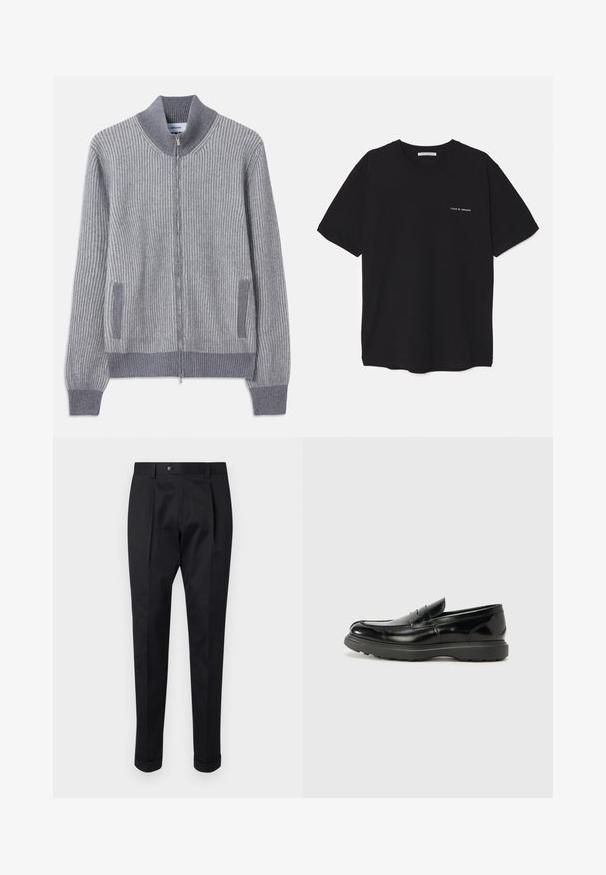 Gray ribbed knit cardigan with a stand collar, zip closure, and side pockets; features contrasting texture in cuffs and pocket trim.; Black cotton T-shirt with a crew neck, short sleeves, and a white logo print on the left chest. Simple, solid color design.; Black trousers made of a smooth fabric, featuring a fold at the front, a button closure, and rolled cuffs at the ankle.; Black leather loafer with a glossy finish, rounded toe, subtle stitching details, and a thick rubber sole for durability.
