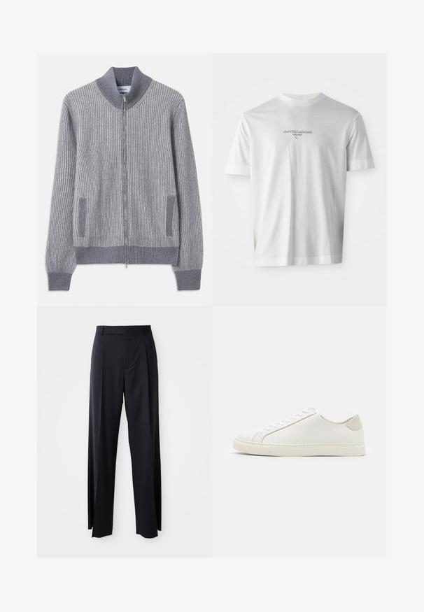 Harmaa ribbiknitti kardigan, jossa on pystykaulus, vetoketjukiinnitys ja sivutaskut; sisältää erilaista tekstuuria hihoissa ja taskujen viimeistelyssä.; Valkoinen lyhythihainen T-paita, jossa on rinnan keskellä ”EMPORIO ARMANI MILANO” -logo hienovaraisella kohotetulla tekstillä.; Musta, korkeavyötäröinen housupari, jossa on leveä lahje, valmistettu sileästä kankaasta. Edessä on laskokset ja vyölenkit. Minimalistinen muotoilu, ei näkyvää metalliosaa.; Valkoinen nahkakengät, joissa on sileä pinta, pyöreä kärki ja minimalistiinen muotoilu. Varressa beige-yksityiskohtia ja kumipohja.