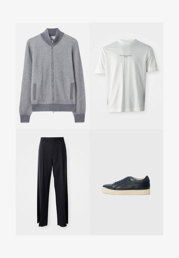 Gray ribbed knit cardigan with a stand collar, zip closure, and side pockets; features contrasting texture in cuffs and pocket trim.; White short-sleeve T-shirt with "EMPORIO ARMANI MILANO" logo centered on the chest in subtle raised lettering.; Black, high-waisted trousers with a wide-leg cut, made of smooth fabric. Features front pleats and belt loops. Minimalistic design, no visible hardware.; Navy blue leather sneaker with cream rubber sole, featuring blue laces and a smooth texture. Rounded toe and minimalistic design.
