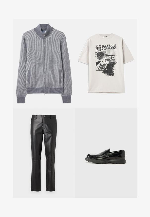 Grauer gerippter Strickcardigan mit Stehkragen, Reißverschluss und seitlichen Taschen; hat einen kontrastierenden Stoff in den Bündchen und dem Tascheneinfassung.; Kurzes cremefarbenes T-Shirt mit großem schwarzem Grafikdruck, der Text und Bilder zeigt, Rundhals und entspannter Schnitt. Grobe Saumdetails.; Schwarze Lederhosen mit glatter Textur, geradem Schnitt und dezenten Nähten an den Säumen. Mit einem Knopfverschluss in der Taille.; Schwarze Lederloafer mit glanzendem Finish, abgerundetem Zehenbereich, subtilen Steppnähten und einer dicken Gummisohle für Langlebigkeit.