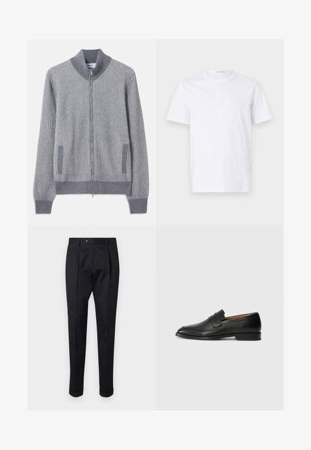Gray ribbed knit cardigan with a stand collar, zip closure, and side pockets; features contrasting texture in cuffs and pocket trim.; White cotton t-shirt with a round neckline and short sleeves. Smooth texture, straight cut, and minimalistic design without patterns or accents.; Black trousers made of a smooth fabric, featuring a fold at the front, a button closure, and rolled cuffs at the ankle.; Black leather loafer with a rounded toe, subtle stitched detailing, and a low heel, featuring a smooth texture and minimalist design.