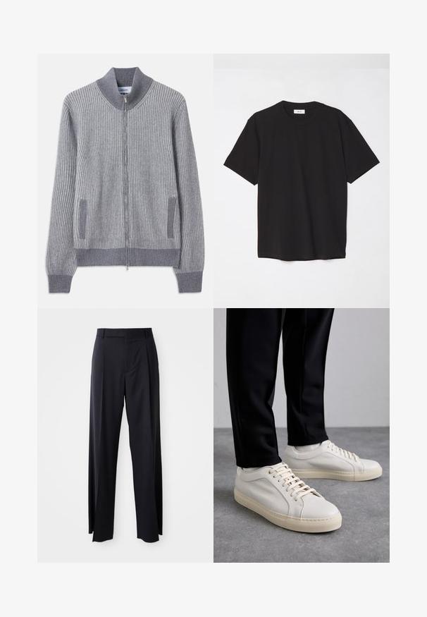 Siv obrubljen pleten cardigan s stoječim ovratnikom, zadrgo in stranskimi žepi; ima kontrastno teksturo na manšetah in obrobi žepov.; Črna bombažna majica s krojnim ovratnikom, kratkimi rokavi in sproščenim krojem. Preprost dizajn, gladka tekstura in brez vidnih vzorcev ali logotipov.; Črne hlače visoke pasu s širokimi nogavicami, narejene iz gladkega blaga. Imajo sprednje gube in zanko za pas. Minimalističen dizajn, brez vidnih dodatkov.; Svetlo bež usnjeni športni čevlji z ravnimi vezalkami, teksturirano površino in kontrastnim smetanastim gumijastim podplatom, v kombinaciji s črnimi oprijetimi hlačami.