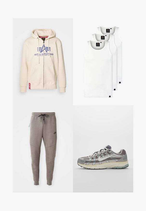Hoodie cremosa com fecho éclair, feita de algodão macio, apresentando um logótipo azul "Alpha Industries", bolsos à frente e um detalhe de etiqueta vermelha.; Três tops em algodão de alças brancas com nervuras. Apresentam um decote redondo e pequenas etiquetas pretas perto da bainha. Disponíveis em vários tamanhos.; Calças de treino cinzentas da Nike com um cós elástico ajustável, pernas ajustadas, bolsos laterais e pormenores de costura distintos. Tecido suave e texturizado.; Sapatilha atlética cinza com parte superior em malha e camurça, detalhes brancos, sola acolchoada e um design distinto com elementos refletivos.