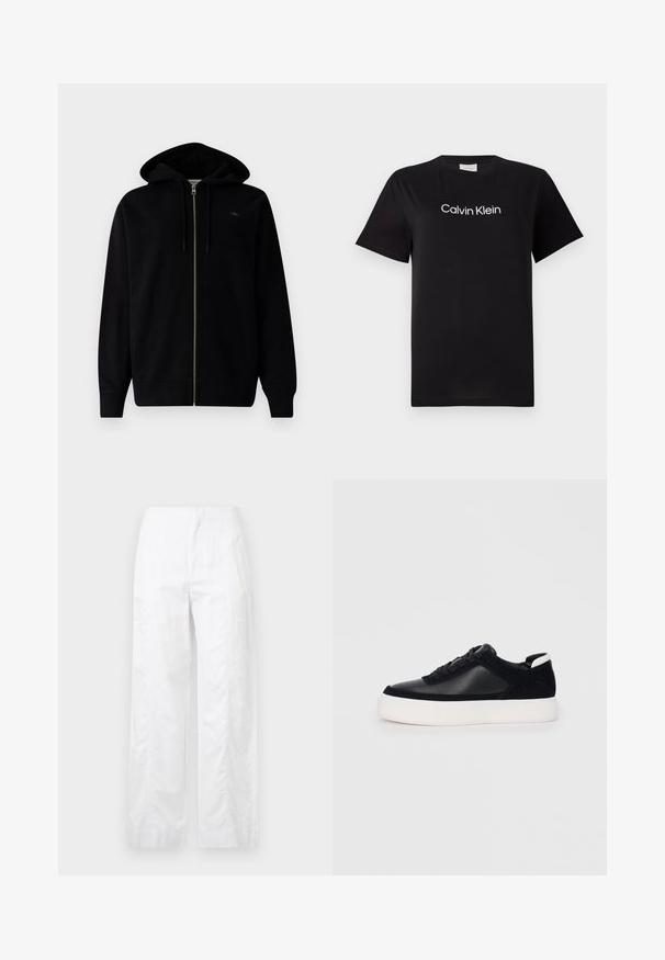 Hanorac negru cu fermoar dintr-un material moale, având o glugă căptușită, buzunare frontale și manșete și tiv din material ribat. Detalii subtile cu logo pe piept.; Tricou din bumbac negru cu mâneci scurte, având un logo alb "Calvin Klein" imprimat pe piept. Design clasic cu gât rotund.; Pantaloni albi cu croială largă, fabricați dintr-un material ușor, având o textură netedă, linii curate și un design cu talie înaltă.; Sneaker negru cu piele netedă și panouri din întăritură, șireturi plate, vârf rotund și talpă din cauciuc alb. Logo distinct pe călcâi.