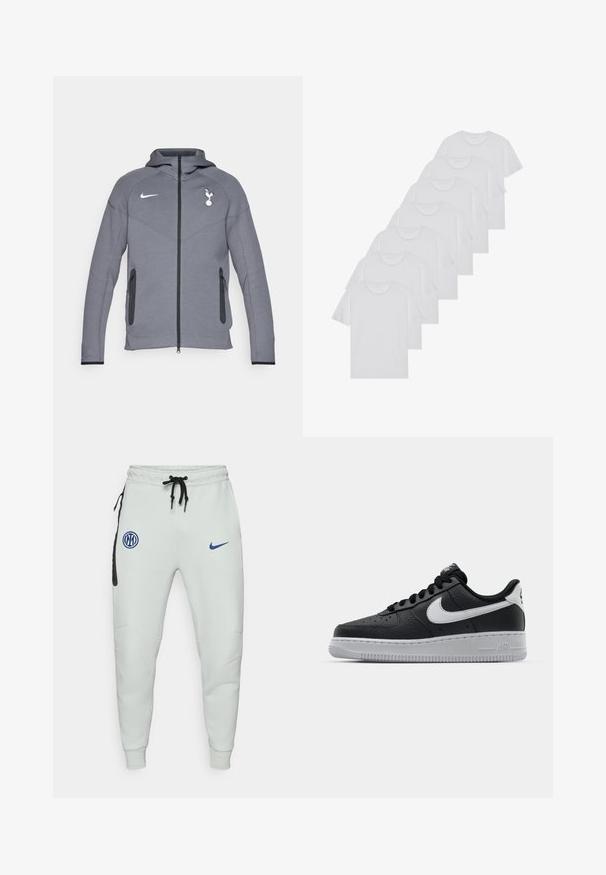 Grå Nike hoodie med fuld frontlynlås, to sidelommer og hætte. Har Tottenham Hotspur-logoet og slanke, moderne sømme.; Hvide bomulds T-shirts, korte ærmer, rund halsdesign, ensartet tekstur, stablet i en række, med diskret branding ved halsåbningen.; Lys grå joggingbukser lavet af blødt stof, udstyret med en sort lomme, blå logoer, justerbar snor i taljen og tætsiddende mansjetter.; Sort lædersneaker med tekstureret overflade, hvid Nike swoosh, grå sål, rund tå og snørebåndsdesign. Har perforeringer på tåboksen.