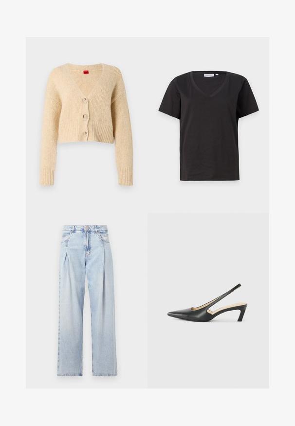 Cárdigan de punto beige con escote en V, diseño corto y tres grandes botones. Tejido texturizado con puños y dobladillo acanalados.; Camisa de algodón negra con cuello en V y mangas cortas. Diseño simple con un corte regular y sin patrones ni acentos.; Jeans de mezclilla azul claros con cintura alta, corte de pierna ancha, dos bolsillos laterales y un diseño plisado. Textura suave con un acabado deslavado.; Zapato negro de punta afilada tipo slingback con un tacón bajo, que presenta un material de cuero suave y un diseño recortado en el lateral para mayor transpirabilidad.