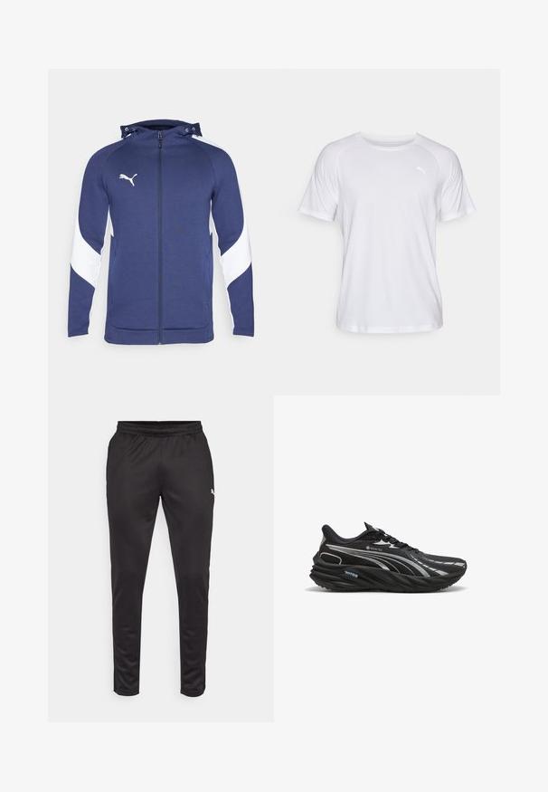 Navyblauer Reißverschluss-Hoodie mit einem weißen diagonalen Design auf den Ärmeln, verstellbarer Kapuze, Fronttaschen und einem kleinen weißen Logo auf der Brust.; Weißes, kurzärmliges Sportshirt mit glatter Textur. Es hat einen runden Ausschnitt und ein kleines Logo in einer hellen Farbe auf der linken Brust.; Schwarze Sporthosen aus glattem, leichtem Material. Sie verfügen über einen elastischen Bund und ein kleines Logo-Detail an der Seite.; Schwarzer Laufschuh aus GORE-TEX-Material mit einer strukturierten Oberseite, gekrümmter Sohle und reflektierenden silbernen Akzenten.