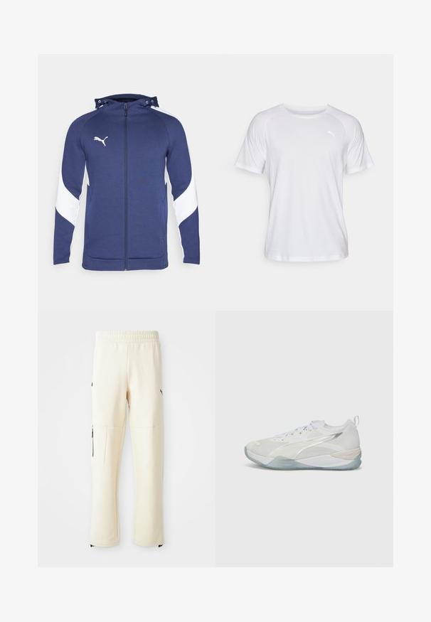 Tamno plava zip-up dukserica s bijelim dijagonalnim dizajnom na rukavima, podesiva kapuljača, prednje džepove i mali bijeli logo na prsima.; Bijela atletska majica s kratkim rukavima i glatkom teksturom. Ima okrugli izrez i mali logo svijetle nijanse na lijevoj strani prsa.; Svijetlosmeđi dukserice hlače izrađene od mekog materijala. Sadrže crni logo, bočne džepove sa zatvaračima i opušteni kroj.; Bijela atletska cipela s mrežastim gornjim dijelom, teksturiranim preklopima i prozirnim potplatom. Ima vezanje na vezice i stražnji povlačni remen za lakše obuvanje.