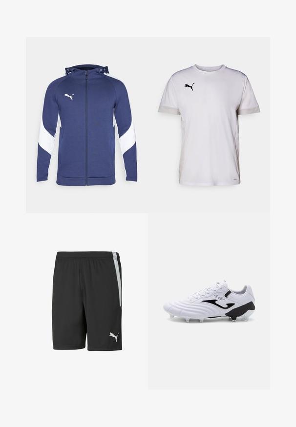 Felpa con zip di colore blu navy, dotata di un design diagonale bianco sulle maniche, cappuccio regolabile, tasche frontali e un piccolo logo bianco sul petto.; Maglietta sportiva bianca a maniche corte con collo rotondo, dotata di inserti in mesh traspirante ai lati e un logo Puma nero sul petto.; Shorts atletici neri realizzati in tessuto leggero, caratterizzati da una striscia laterale bianca e un logo Puma bianco in basso a sinistra davanti.; Scarpa da calcio bianca con tomaia sintetica texturizzata, accenti neri, chiusura con lacci e sei tacchetti trasparenti su una suola nera per la trazione.