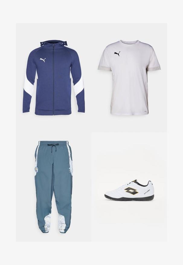 Felpa con zip di colore blu navy, dotata di un design diagonale bianco sulle maniche, cappuccio regolabile, tasche frontali e un piccolo logo bianco sul petto.; Maglietta sportiva bianca a maniche corte con collo rotondo, dotata di inserti in mesh traspirante ai lati e un logo Puma nero sul petto.; Pantaloni da tuta in tessuto blu con vita elastica e coulisse. Gli accenti laterali presentano un motivo bianco. Include un'etichetta con il logo del marchio.; Scarpe da sport bianche con accenti neri e gialli, dotate di una tomaia texturizzata, punta rotonda e una suola in gomma nera. Il design include un dettaglio del logo sul lato.