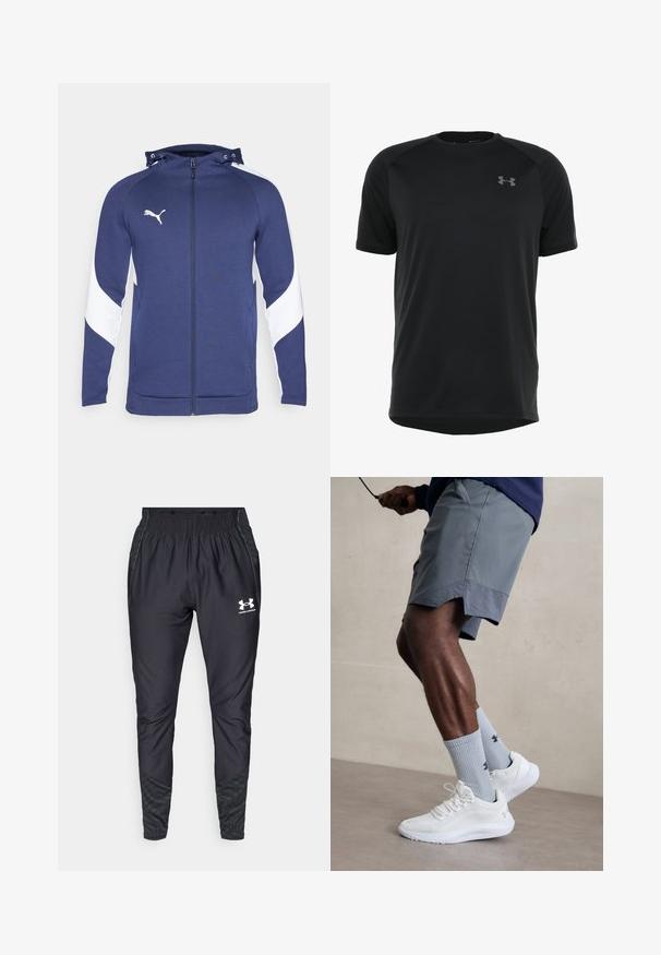 Sweatshirt azul-marinho com fecho zipper, apresentando um design diagonal branco nas mangas, capuz ajustável, bolsos frontais e um pequeno logotipo branco no peito.; Camisa atlética preta de manga curta feita de um tecido liso e leve. Apresenta um decote arredondado e um logótipo discreto no peito.; Under Armour PRO PANT - Calças de fato de treino - black/white; Ténis desportivos brancos com parte superior em malha texturizada, acompanhados por meias caneleadas azul claro com um logótipo. Calções desportivos cinza com acabamento perfurado.