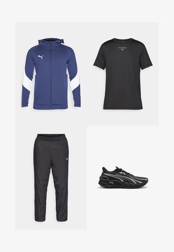 Navyblauwe ritsjack met een witte diagonale lijn op de mouwen, verstelbare capuchon, voorkeurszakken en een klein wit logo op de borst.; Zwarte sport t-shirt met korte mouwen van lichtgewicht stof. Heeft een ronde hals en gedrukt "HYROX" logo met een Puma-embleem aan de voorkant.; Zwarte sportbroeken gemaakt van glad, lichtgewicht materiaal. Heeft een elastische tailleband en een klein wit logo aan de linkerkant.; Zwarte hardloopschoen gemaakt van GORE-TEX-materiaal, met een gestructureerde bovenkant, gebogen zool en reflecterende zilveren accenten.