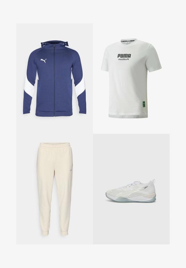 Hanorac cu fermoar de culoare albastru închis, cu un design diagonal alb pe mâneci, glugă ajustabilă, buzunare frontale și un mic logo alb pe piept.; Tricou alb din bumbac cu logo-urile negre "PUMA" și "MINECRAFT" pe față, având un emblema verde a Creeper-ului din Minecraft la margine.; Pantaloni de trening bej deschis, cu șnur, care au talie elastică, glezne strânse, buzunare laterale și un logo mic pe coapsa stângă.; Pantofii sport albi cu partea superioară din plasă, suprapuneri texturate și talpă translucidă. Prezentă design cu șireturi și tab pentru prinderea din spate pentru o purtare ușoară.