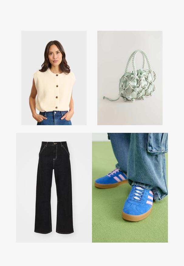 Skrócona, bezrękawna bluzka dzianinowa w kolorze kremowym z prążkowaną teksturą, z okrągłym dekoltem i pięcioma drewnianymi guzikami z przodu.; Biała bawełniana koszulka z krótkim rękawem, z okrągłym graficznym logo w zielonym i żółtym, przedstawiającym "Adidas Originals" oraz wzory owoców.; Czarne dżinsy o szerokich nogawkach, wykonane z denimu, z kontrastowym białym szwem i zapięciem na guzik z przodu, posiadające dwie ukośne kieszenie z przodu.; Niebieskie zamszowe buty z różowymi paskami i białymi sznurowadłami, z gumową podeszwą, zestawione z luźnymi dżinsami na zielonej powierzchni.; Next - Torebka