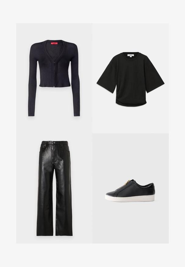 Black ribbed cardigan with long sleeves, V-neckline, and front zipper. The material is soft with a fitted cropped design.; Black short-sleeve t-shirt made of soft cotton, featuring a round neckline and a relaxed fit with a subtle gathered detail at the side.; Black leather wide-leg pants with a glossy finish, featuring front pockets, a zip fly, and a button closure. Smooth texture throughout.; Black low-top leather sneaker with white sole and gold zipper closure, side view, minimalist style on plain background.