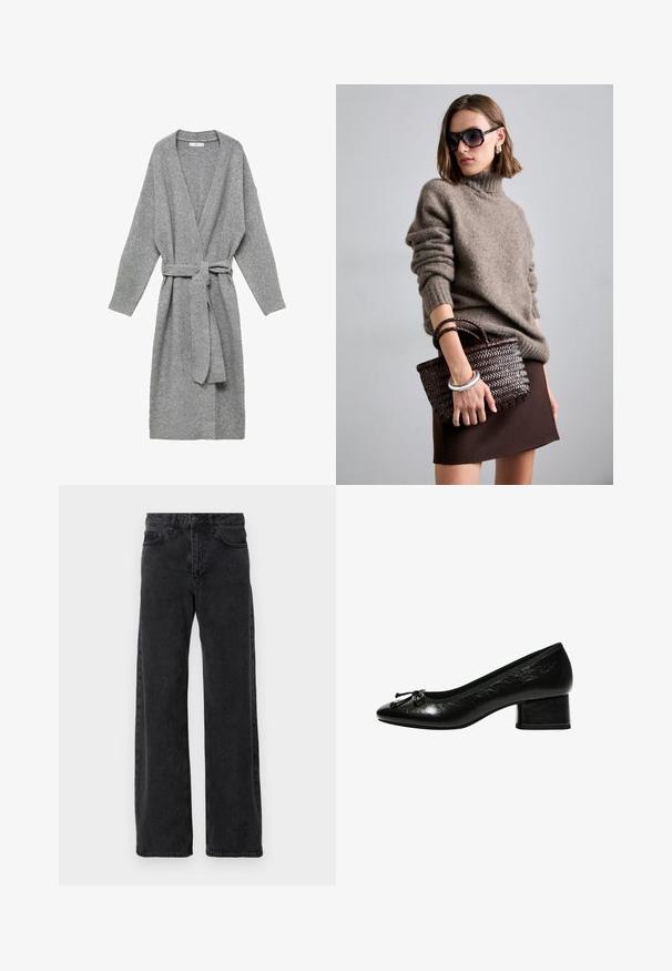 Grå cardigan i mjukt material, med djup V-ringning, långa ärmar och midjeband. Enkelt design utan mönster eller dekorationer.; Vit långärmad skjorta med rund halsringning. Tyget har ett strukturerat mönster med vertikala linjer och ribbade detaljer.; Svarta denimjeans med breda ben, med en klassisk femficksdesign, knappstängning och diskret blekning.; Svart lackläderspump med rund tås, liten blockklack och rosettdetalj framtill. Slät yta med en glänsande finish.; DRAGON DIFFUSION MINI FLAT GORA - Handväska - dark brown