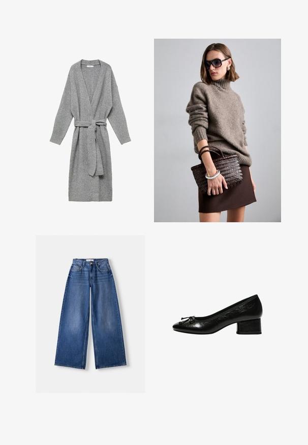 Cardigan gri fabricat din material moale, cu decolteu adânc în V, mâneci lungi și un cordon la talie. Design simplu, fără modele sau embellishments.; Cămașă albă cu mânecă lungă și decolteu rotund. Țesătura are un model texturat cu linii verticale și detalii din jerse.; Bershka WIDE-LEG - Wide leg - dark blue; Pantofii din piele lacuită neagră, cu vârf rotunjit, toc mic și accent cu fundiță în față. Textură netedă cu un finisaj strălucitor.; DRAGON DIFFUSION MINI FLAT GORA - Geantă de mână - dark brown