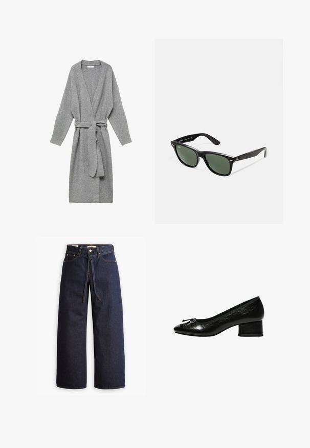 Grå cardigan i mjukt material, med djup V-ringning, långa ärmar och midjeband. Enkelt design utan mönster eller dekorationer.; Vit långärmad skjorta med rund halsringning. Tyget har ett strukturerat mönster med vertikala linjer och ribbade detaljer.; Brettbeniga mörkblå denimjeans med hög midja, utrustade med snörning, fem fickor och kontrasterande sömmar.; Svart lackläderspump med rund tås, liten blockklack och rosettdetalj framtill. Slät yta med en glänsande finish.; Svarta plastsolglasögon med gröna linser, fyrkantiga bågar, silverdetalj på ögonbrynet och texturerade skalmar. Angiven märkning på den inre skalmen.; DRAGON DIFFUSION MINI FLAT GORA - Handväska - dark brown