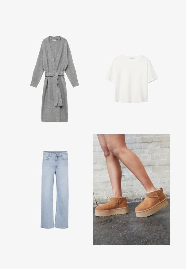 Sivý cardigan vyrobený z mäkkého materiálu, s hlbokým V-výstrihom, dlhými rukávmi a viazaním v páse. Jednoduchý dizajn bez vzorov či ozdôb.; Biela krátkopsová tričko vyrobené z bavlny. Má okrúhly výstrih a voľný strih. Hladká textúra bez viditeľných vzorov alebo akcentov.; Svetlomodré široké džínsy vyrobené z denimu. Obsahujú pútka na opasok, dizajn s piatimi vreckami a prešité detaily pozdĺž švov.; Hnedé semišové kotníkové čižmy s mäkkou podšívkou, hrubou béžovou platformou a zadným pútkom na obutie. Textúrovaný povrch s viditeľnými švami.