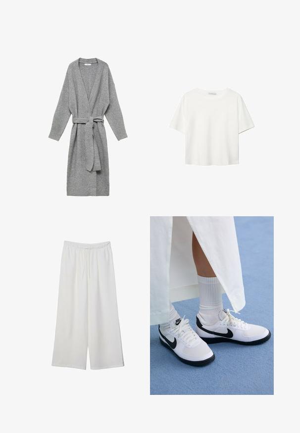 Šedý kardigan vyrobený z měkkého materiálu, s hlubokým V-výstřihem, dlouhými rukávy a páskem v oblasti pasu. Jednoduchý design bez vzorů nebo ozdob.; Bílý krátký rukáv tričko vyrobené z bavlny. Má kulatý výstřih a volný střih. Hladký materiál bez viditelných vzorů nebo akcentů.; Bílé kalhoty s širokými nohavicemi vyrobené z lehké tkaniny, s elastickým pasem a stahovací šňůrkou pro nastavitelnou velikost. Hladká textura.; Bílé tenisky Nike s černými detaily, s hladkým koženým svrškem, bílými tkaničkami a pevnou gumovou podrážkou, doplněné bílými žebrovanými ponožkami.