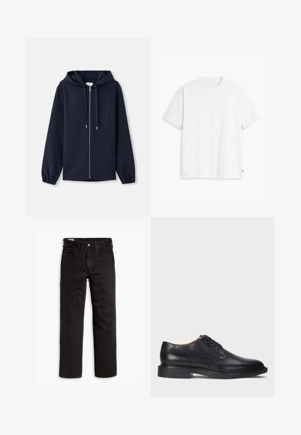 Tengerészkék, cipzáros kapucnis pulóver, puha anyagból készült, húzózsinóros kapucnival, elülső zsebekkel és elasztikus mandzsettákkal. Egyszerű és funkcionális design.; Fehér pamut póló rövid ujjakkal, kerek nyakkal és diszkrét Levi's logóval a középen. Puha tapintású és szabványos szabású.; Fekete egyenes szárú farmernadrág öt zsebbel, gombos záródással és övhurkokkal, fehér háttéren elhelyezve.; Fekete bőrből készült dresszcipő kerek orral, fűzős kialakítással és alacsony, rétegelt sarkával. Simás felület minimális varrási részletekkel.