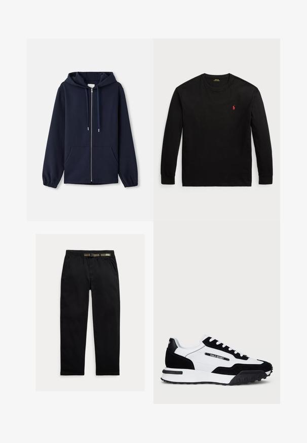 Sudadera con cremallera en color navy, fabricada en una tela suave, que cuenta con capucha ajustable, bolsillos frontales y puños elásticos. Diseño simple y funcional.; Camiseta negra de manga larga hecha de algodón. Presenta un cuello redondo, puños acanalados y un pequeño logotipo bordado en rojo en el pecho. Textura suave.; Pantalones negros de tela ligera, con una cintura elástica que incluye un cinturón verde integrado, corte recto y bolsillos laterales.; Zapatillas con parte superior de ante negro y cuero blanco, que presentan una suela de goma negra, cordones blancos y un logo "POLO SPORT" en el lateral.