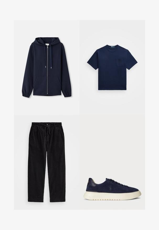 Námornícká zipová mikina vyrobená ze měkké tkaniny, s kapucí na šňůrku, předními kapsami a elastickými manžetami. Jednoduchý a funkční design.; Námořnická modrá bavlněná tričko s kulatým výstřihem, krátkými rukávy a kapsou na levé straně hrudi. Hladký povrch a klasický střih.; Černé kordové kalhoty s volným střihem, vybavené elastickým pasem se šňůrkou a bočními kapsami. Tkanina má jemně rýhovanou strukturu.; Navy semišové nízké tenisky s texturovaným povrchem, gumovou podrážkou a tónovacími šňůrkami, s malým logem na boku a patě.