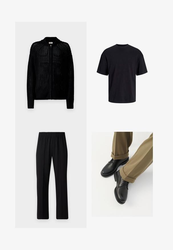Denim Project Kardigan - black; Černé bavlněné tričko s kulatým výstřihem, krátkými rukávy a volným střihem. Hladká textura a žádné viditelné vzory ani akcenty.; Černé kalhoty s elastickým pasem a rovnými nohavicemi, s hladkým povrchem a bez viditelných vzorů nebo kovových doplňků.; Černé kožené společenské boty s hladkým povrchem, s tkaničkami a kulatou špičkou, kombinované s vykrojenými khaki kalhotami.