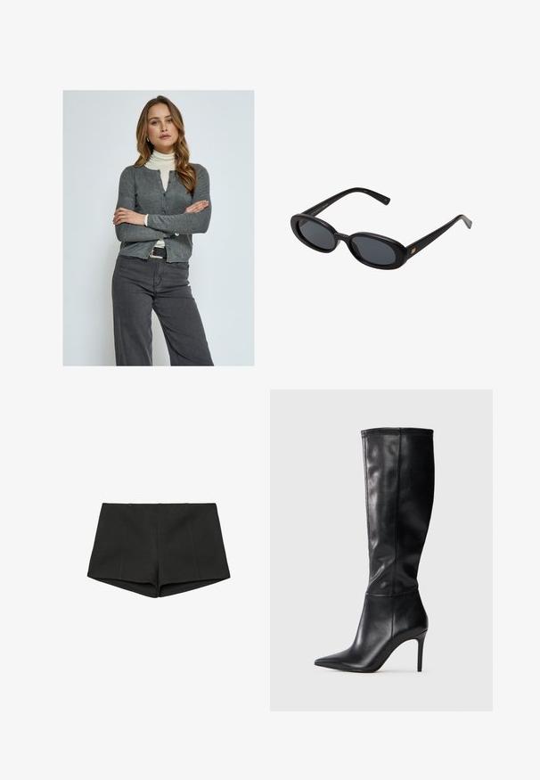 PEPPERCORN PCTANA - Cardigan - grey mel; Hvid kortærmet t-shirt lavet af glat stof, med rund halsudskæring og diskrete syninger ved kanten.; Sorte shorts lavet af struktureret stof, med en høj talje og en tætsiddende pasform med sømme foran. Ingen lommer eller fastgøringer synlige.; Knæhøje sorte læderstøvler med spids tå og stiletto-hæl, der har en glat overflade og et minimalistisk design uden synlige decorationer.; Store store; Sort læder skuldertaske med en buet silhuet, der har en guld kædestrop og en glat, blank finish.