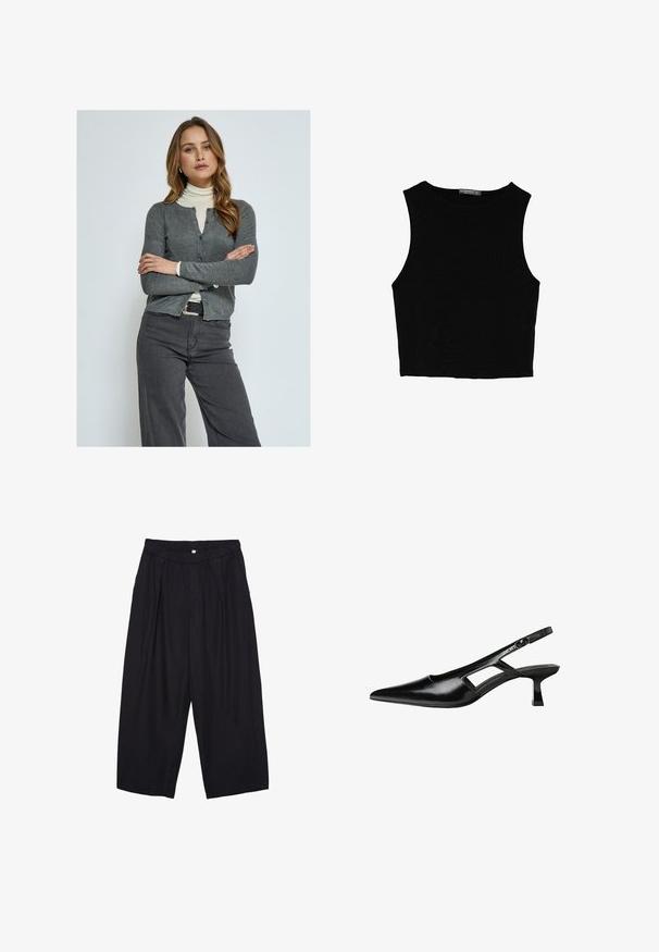 PEPPERCORN PCTANA - Kardigan - grey mel; Černý bezsleeve crop top vyrobený z hladké tkaniny, s kulatým výstřihem a čistým, jednoduchým designem bez vzorů nebo kovových doplňků.; Černé polyesterové culotte kalhoty s elastickým pasem, dvěma předními sklady a volným siluetou. Žádné viditelné vzory ani kovové detaily.; Černé lakované lodičky na podpatku se špičatou špičkou, výřezovým designem na boku a malým čtvercovým podpatkem. Hladká textura s minimálními akcenty.